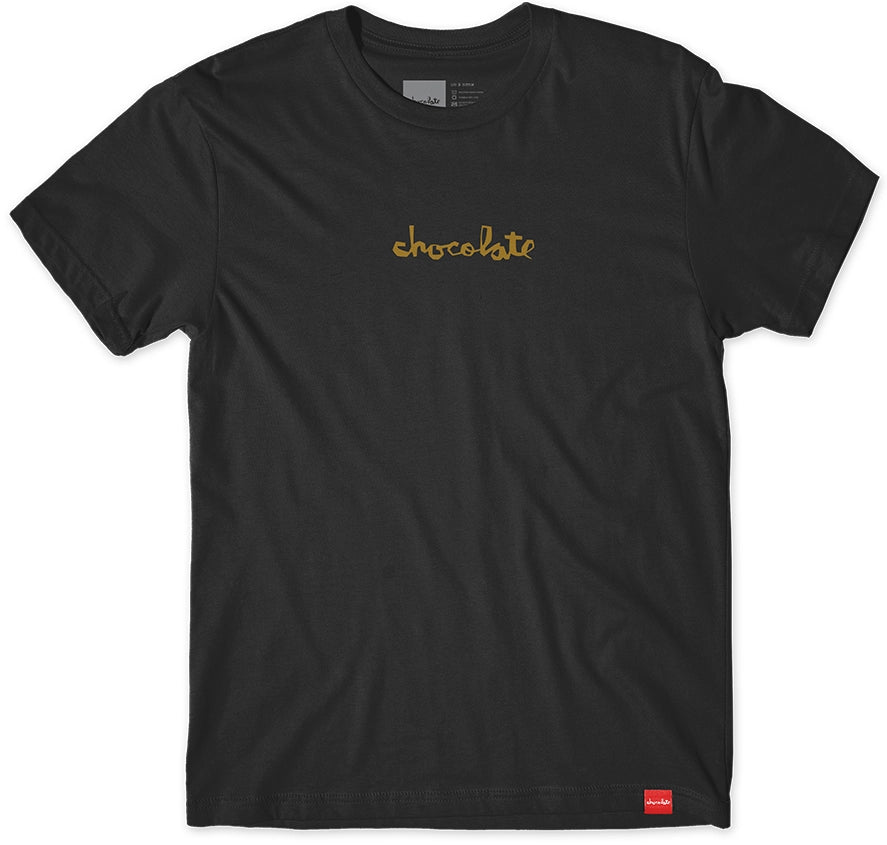 Chocolate Chunk black skate t shirt with gold logo printed on chest