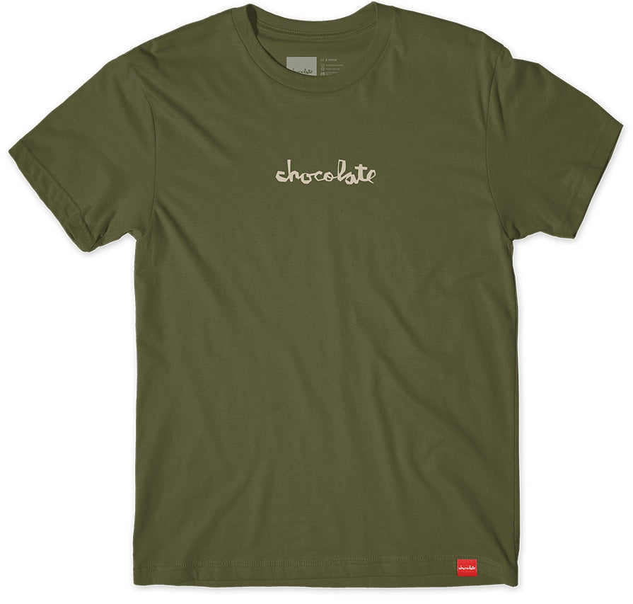 Chocolate Chunk olive skate t shirt with white logo printed on chest