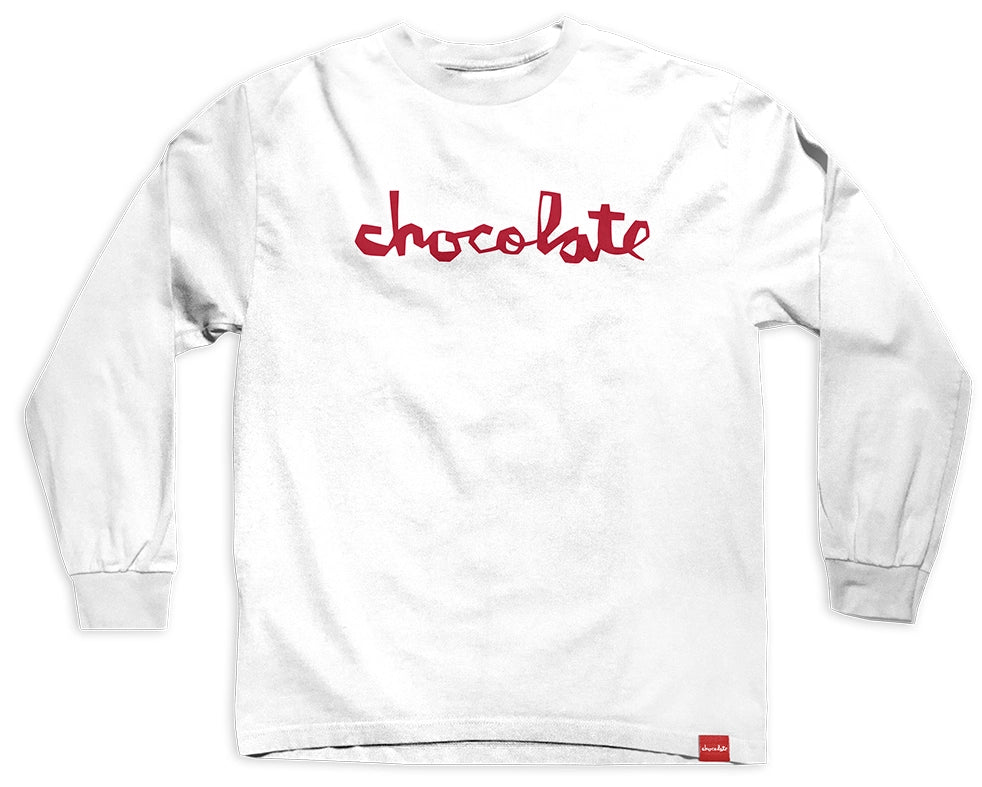 Chocolate Chunk white heavyweight long sleeve skate shirt with red logo