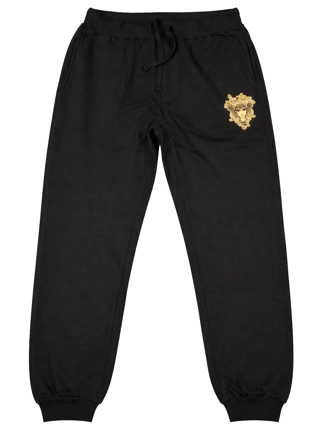 Crooks & Castles black sweatpants with gold Medusa crest on thigh and vertical logo print on leg