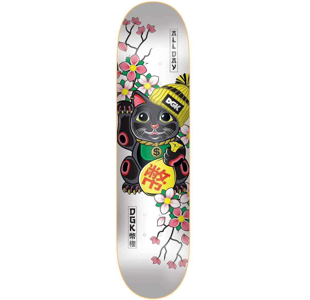 DGK Lucky Cat White 8.25 skateboard deck with lucky cat and cherry blossom graphic