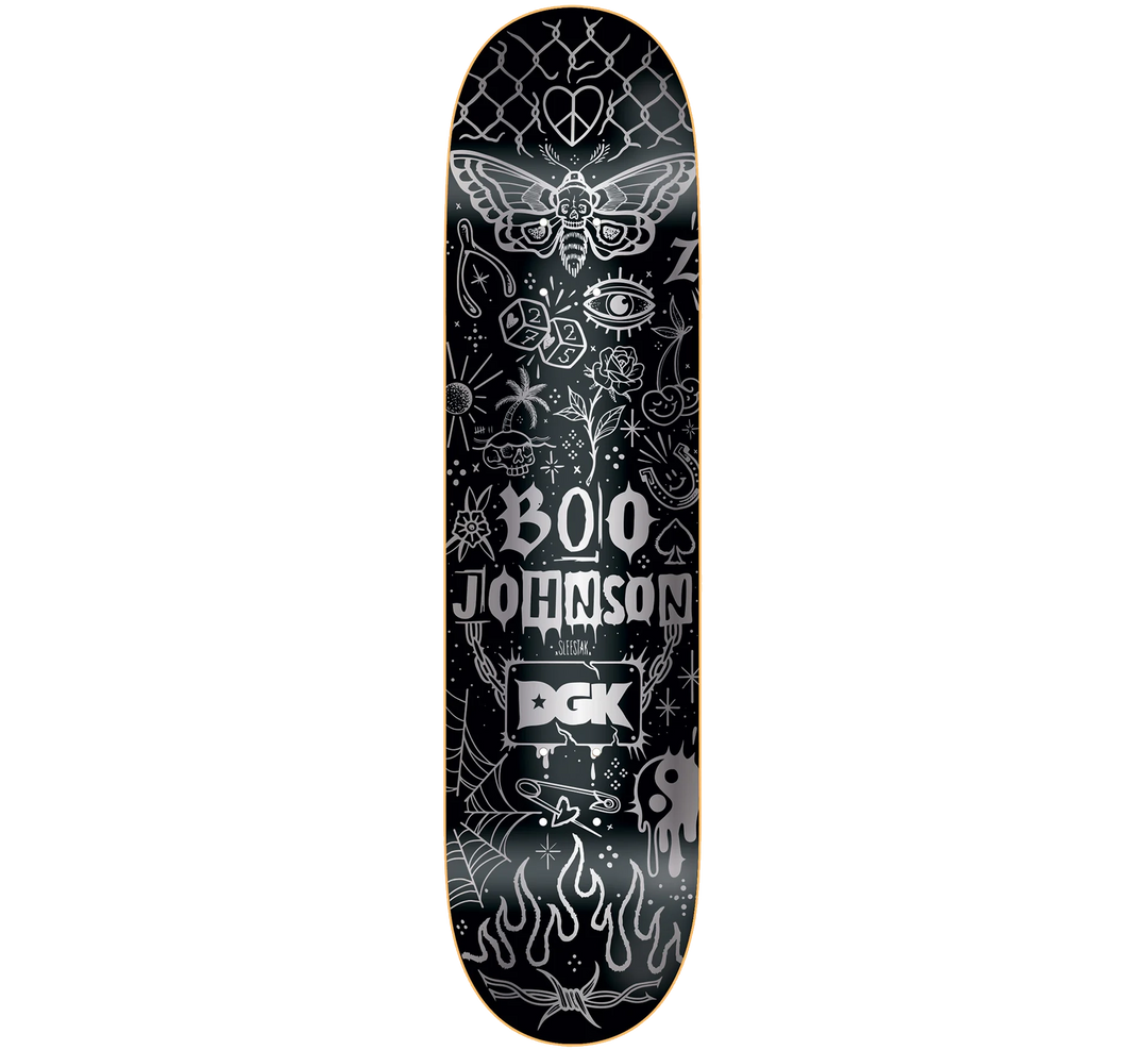 DGK Sleestak x Boo Tattoos 8.25 skateboard deck with black and silver tattoo-inspired artwork