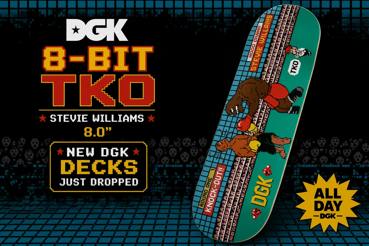 DGK skateboard deck with 8-bit design and promotional text on a dark background