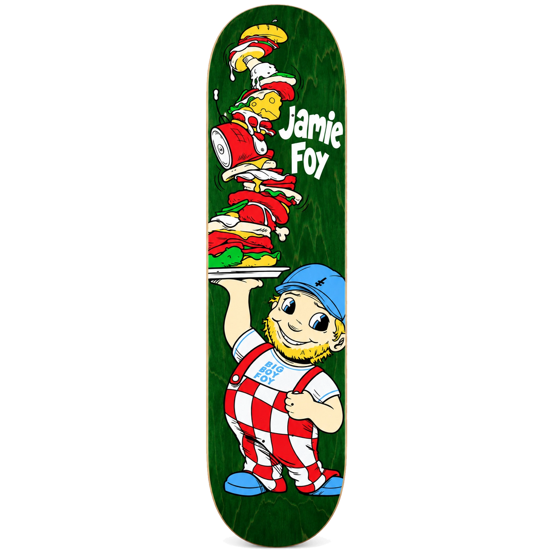 A skateboard deck featuring a dark green background with a cartoon illustration of a bearded man in a blue cap and red-and-white checkered overalls carrying a stack of hot dogs on a tray. The words 'Jamie Fox' appear in white near the top.