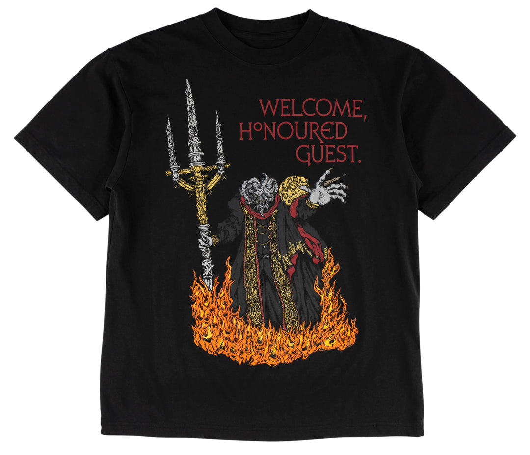 Welcome x Elden Ring Mohg Tee in Black featuring “Lord of Blood” and Mohg artwork with red and gold fire graphics