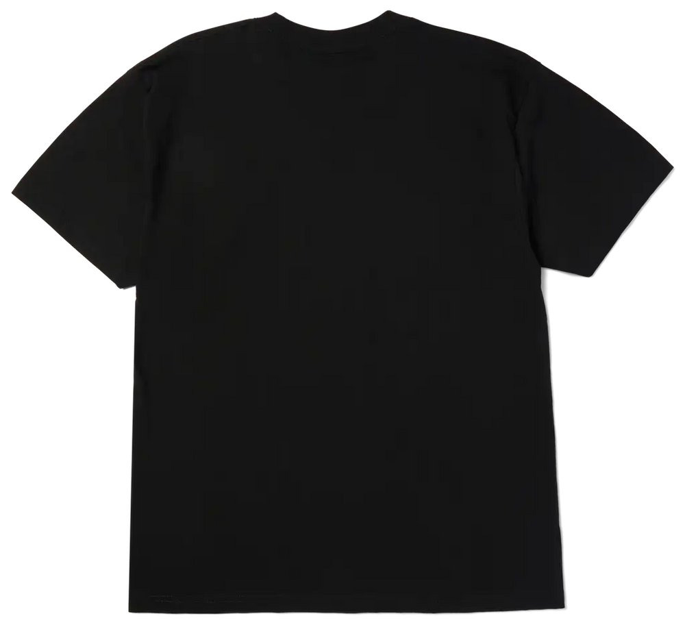 A plain black short-sleeve crewneck t-shirt shown from the back, laid flat against a solid white background.