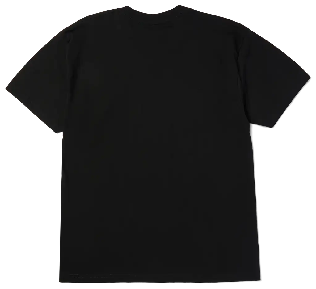 A plain black short-sleeve crewneck t-shirt shown from the back, laid flat against a solid white background.