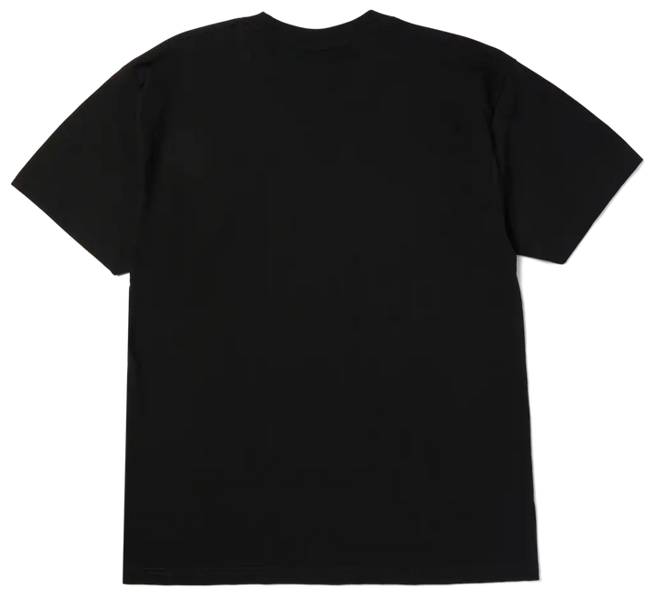 A plain black short-sleeve crewneck t-shirt shown from the back, laid flat against a solid white background.