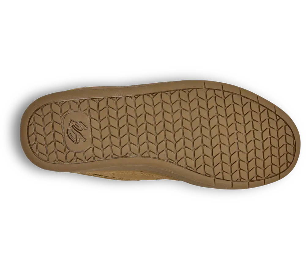A top-down view of a brown rubber shoe sole with a textured tread pattern and an embossed logo, shown on a white background.