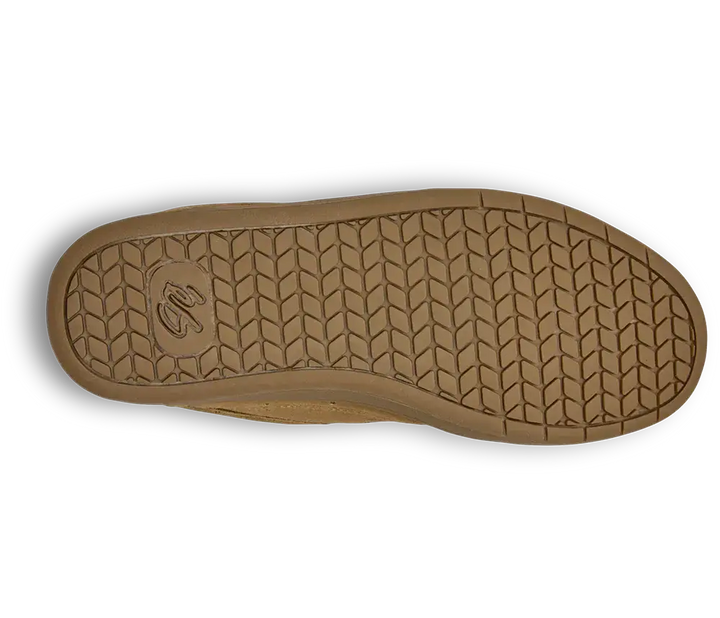 A top-down view of a brown rubber shoe sole with a textured tread pattern and an embossed logo, shown on a white background.