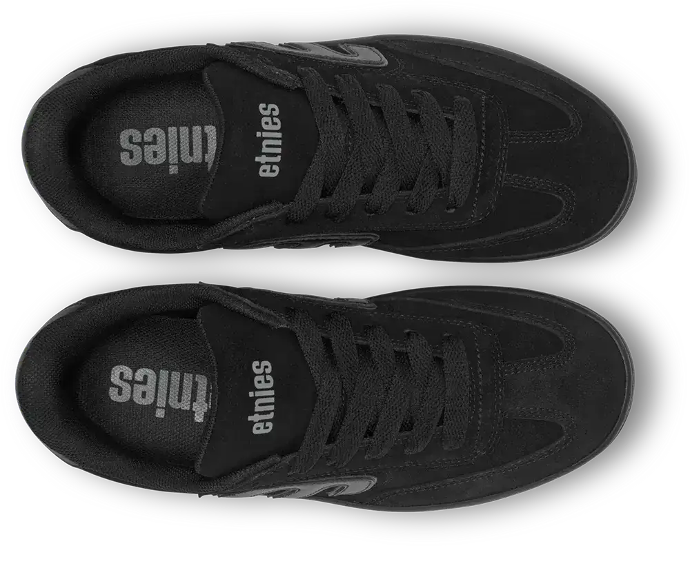 A pair of black Ethnics skate shoes shown from a top-down view on a white background.