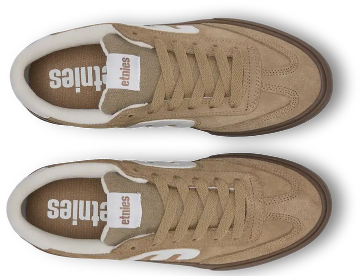 A pair of Ethniles suede sneakers in a warm tan/beige colorway, shown from a top-down view. The shoes feature matching beige laces, a white leather tongue label with the brand name 'ethniles', a brown midsole, and a white collar lining.