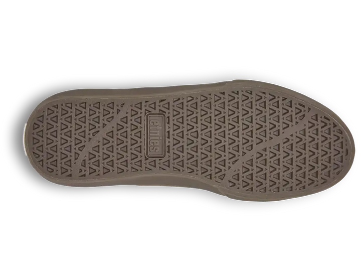The outsole of a brown shoe, featuring a textured triangular tread pattern and a central embossed brand logo that reads 'BIRCH'.