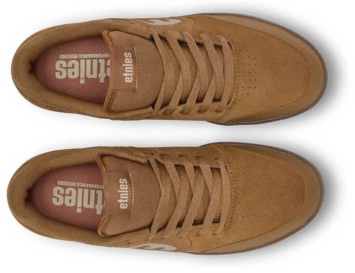 A pair of Ethnies low-top sneakers in a monochromatic brown suede and canvas mix, shown from a top-down view on a white background.