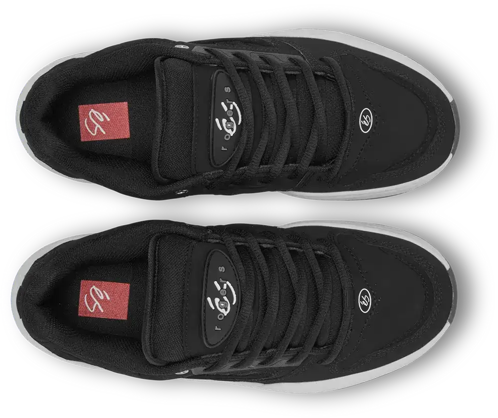 A pair of black low-top skate shoes shown from a top-down view on a white background. The shoes feature black laces, a black mesh and synthetic upper, a red insole logo patch, and a white midsole.