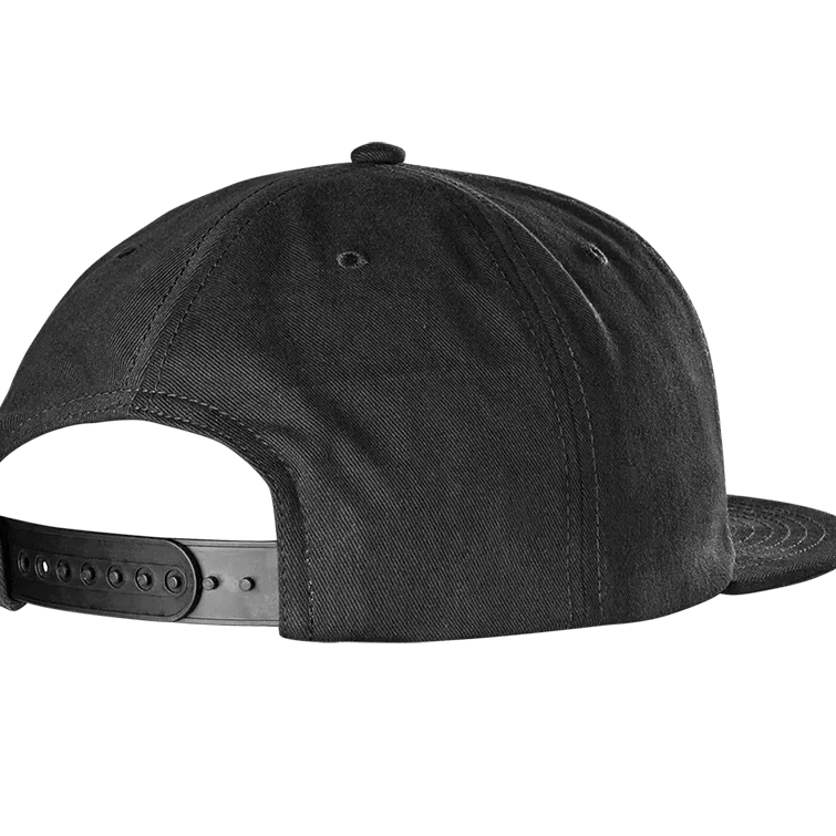 Rear view of a black flat-brim baseball cap with an adjustable snapback strap, shown on a plain white background.