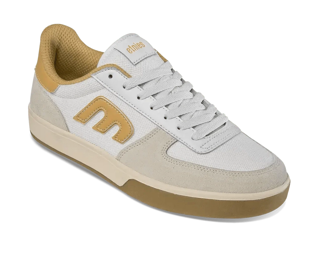 White and beige sneaker with brand logo on a white background