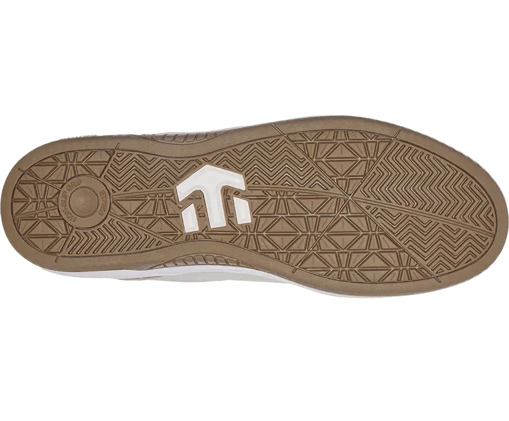 Close-up of a shoe sole with a geometric pattern and brand logo on a white background