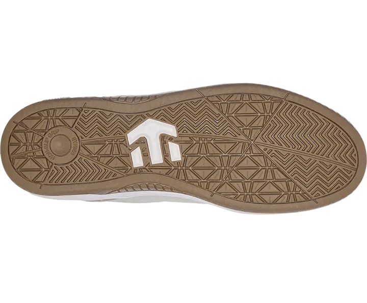 Close-up of a shoe sole with a geometric pattern and brand logo on a white background