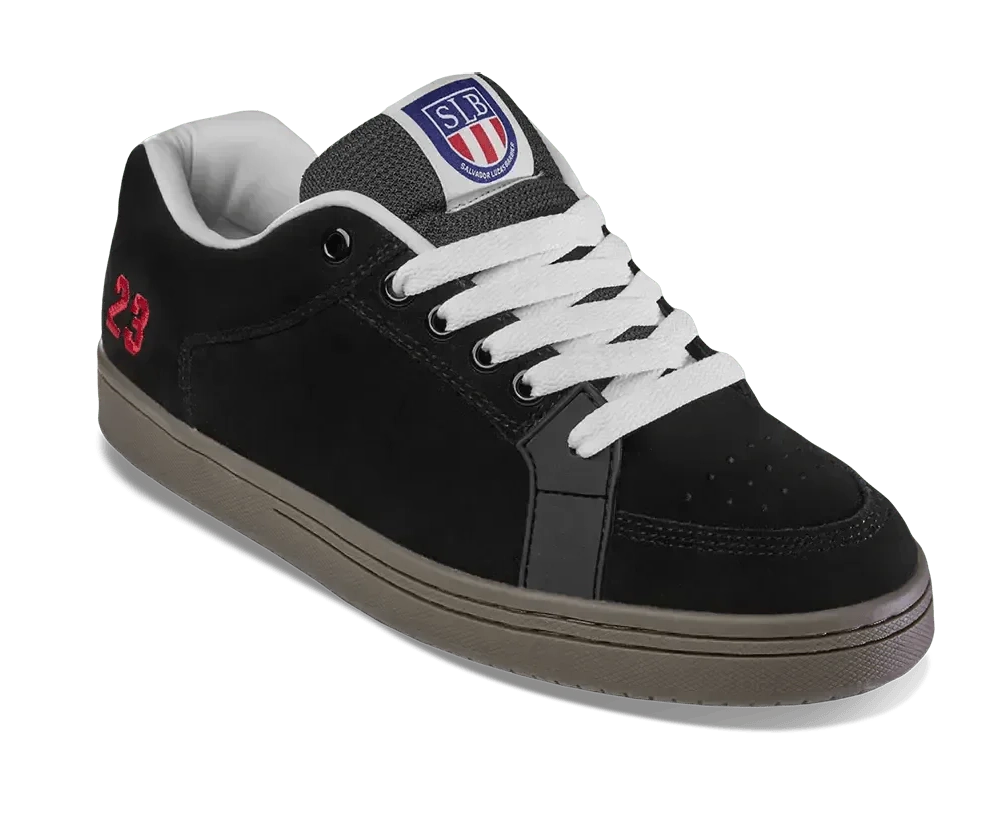 Black sneaker with white laces and a logo on a white background