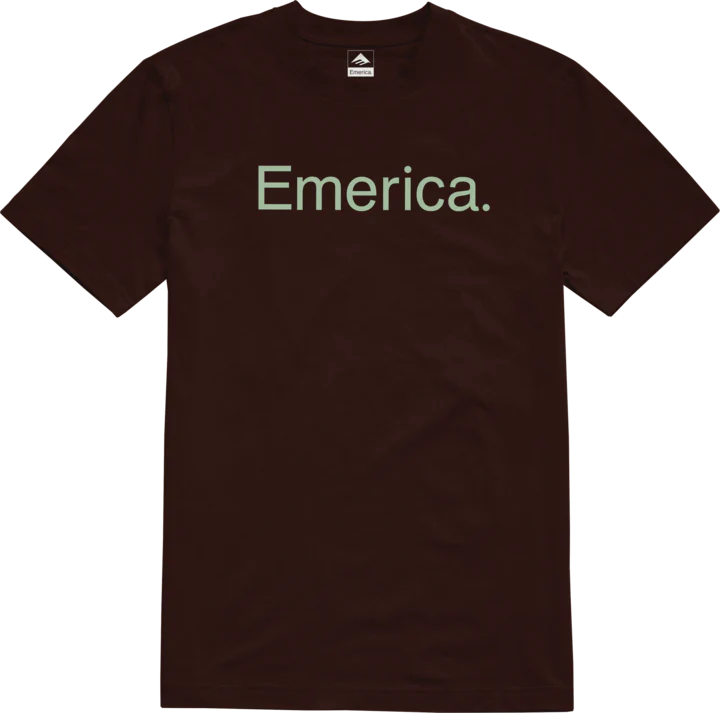 Emerica Pure Tee in Chocolate brown with mint green logo print, clean skate tee with timeless core style