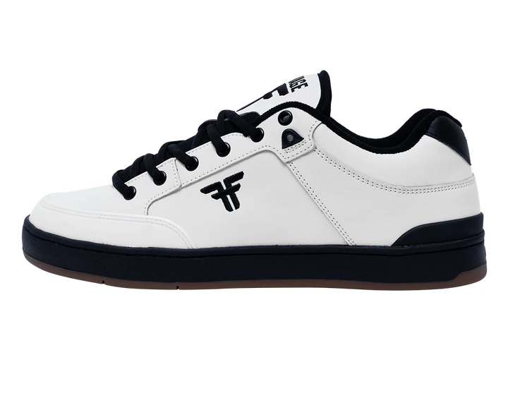 Side view of Fallen Heritage II skate shoe in White and Black with abrasion-resistant toe panel