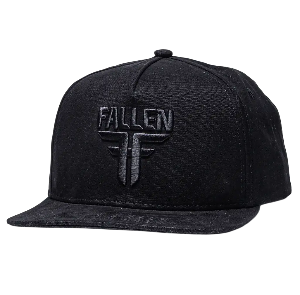 Fallen Insignia black snapback hat with tonal logo embroidery and flat brim skate cap