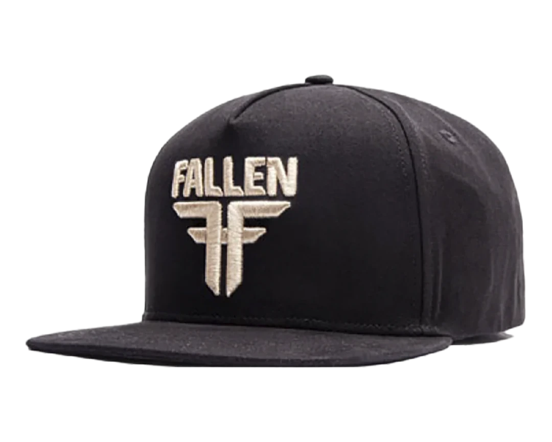 Fallen Insignia Snapback Hat in black with off-white embroidered logo and flat brim.