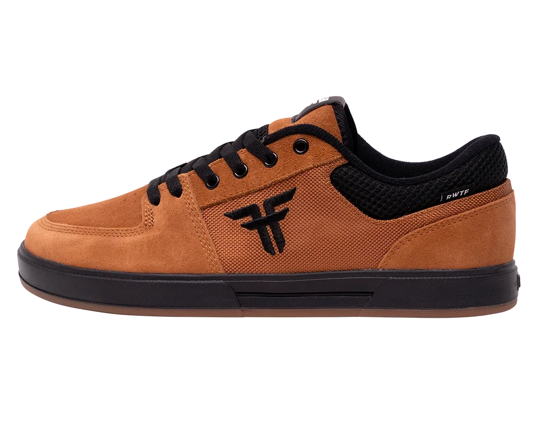 Side view of Fallen Patriot skate shoe in Wheat and Black with suede upper