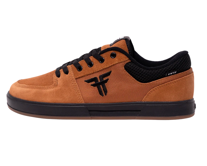 Side view of Fallen Patriot skate shoe in Wheat and Black with suede upper
