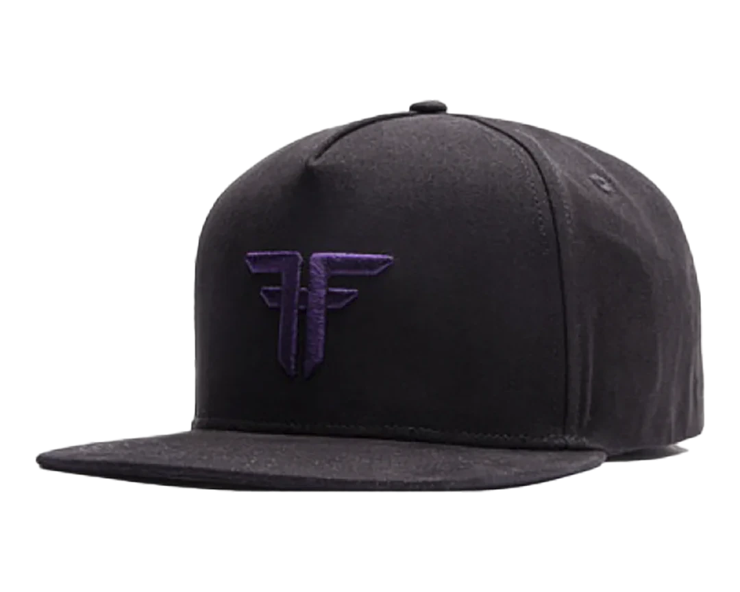 Black Fallen snapback hat with purple embroidered logo and flat brim
