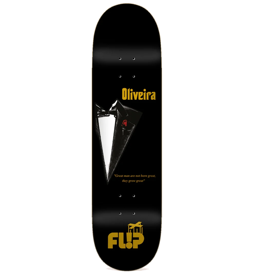 Flip Corleone Luan 8.25" Skate Deck featuring Godfather-inspired tuxedo graphic and quote, with gold Flip logo and Oliveira nameplate.