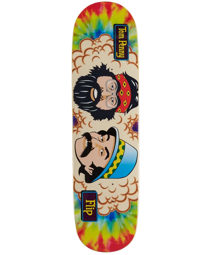 Flip Tom Penny and Friends Tie Dye 8.25 skateboard deck with cartoon artwork