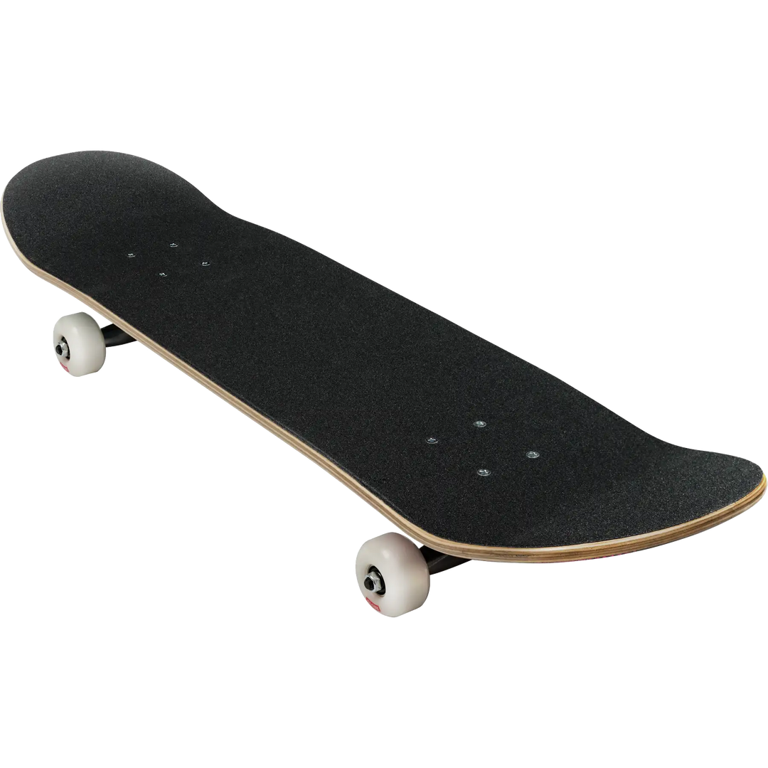 Black skateboard with white wheels on a white background