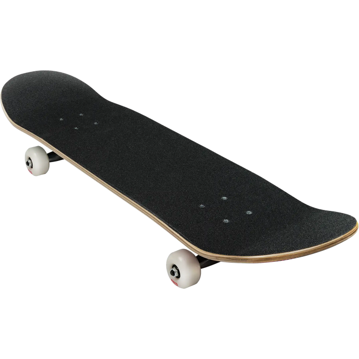 Black skateboard with white wheels on a white background