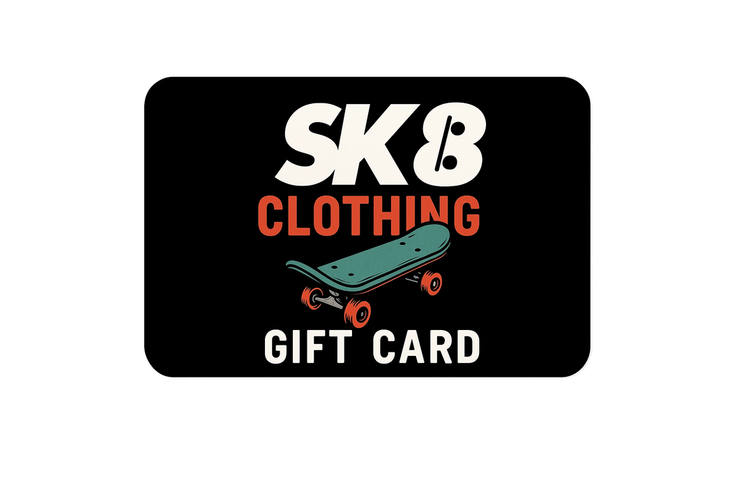SK8 Clothing gift card with a skateboard design on a black background