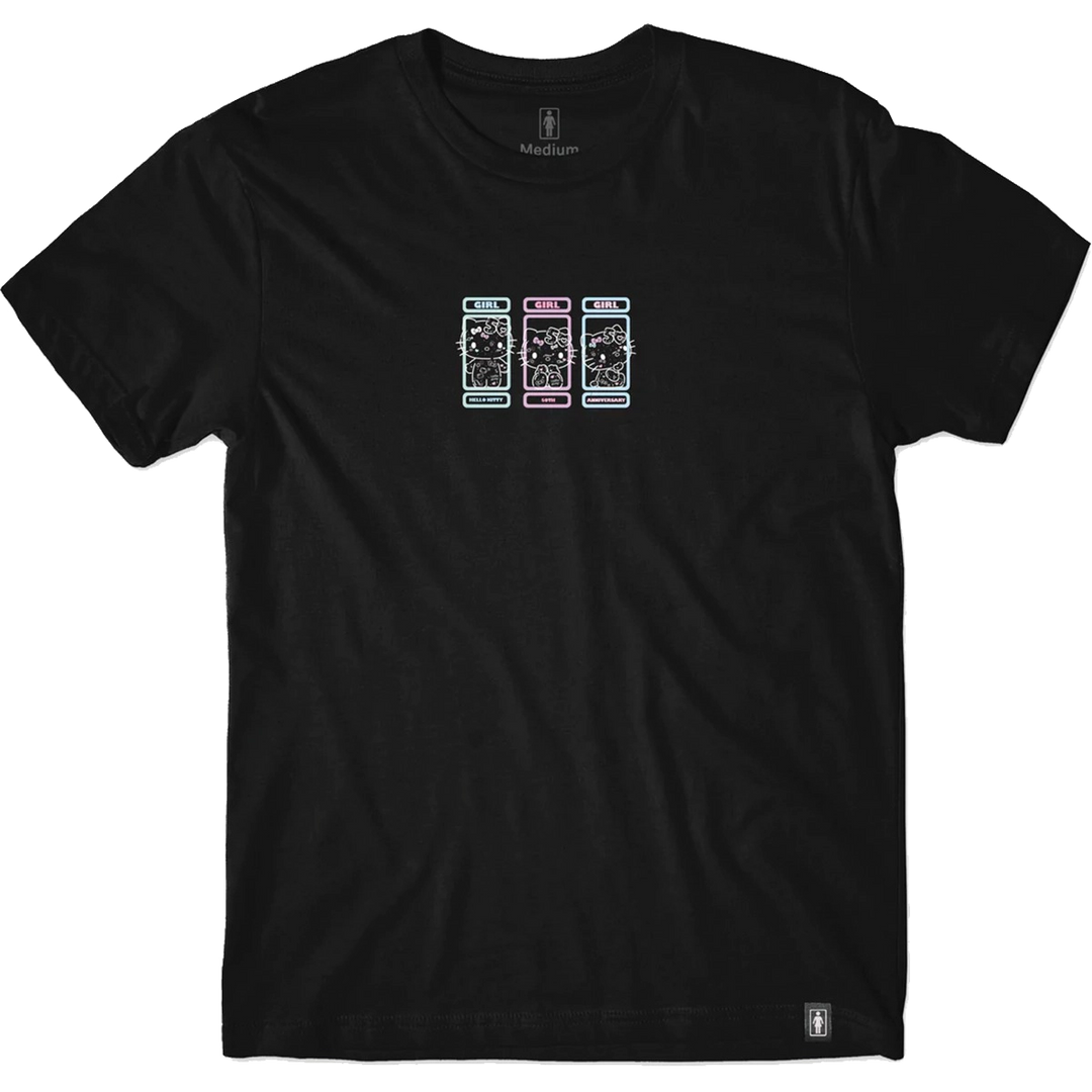 Girl x Hello Kitty 50th Squad Tee in black featuring neon slot machine graphic with Hello Kitty characters and pastel Girl branding.