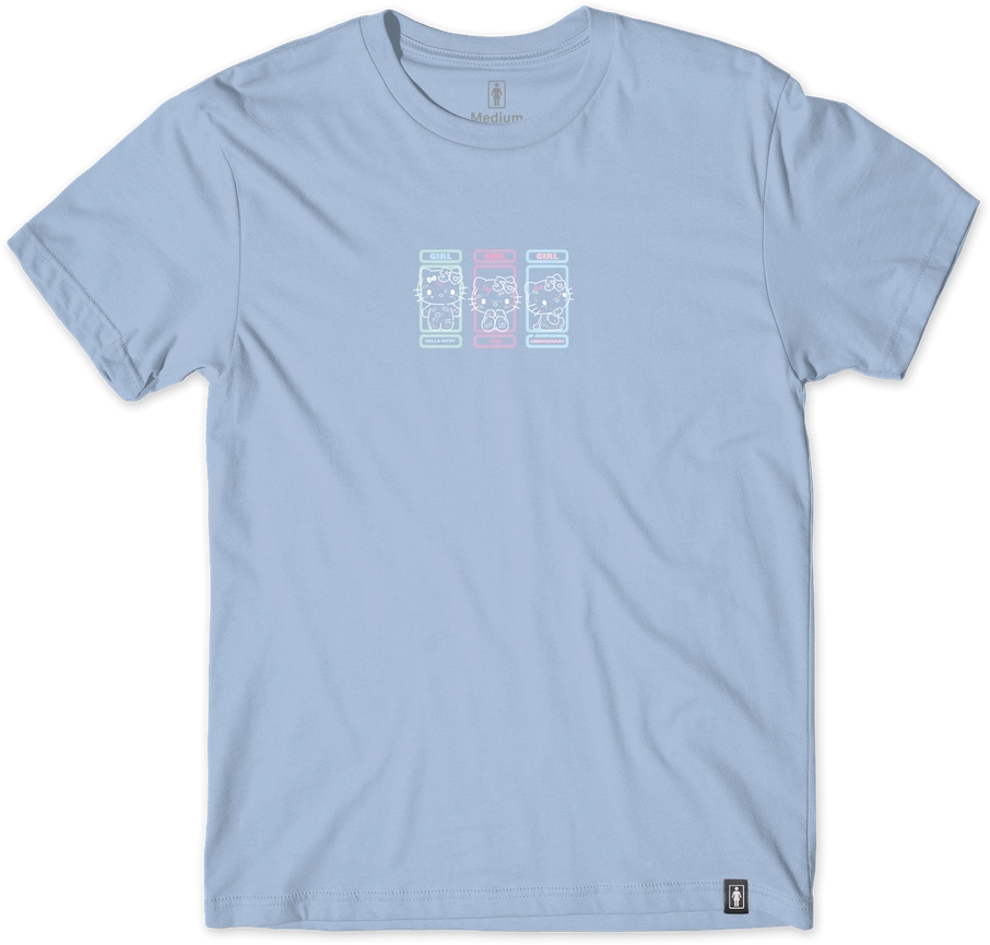 Girl x Hello Kitty 50th Squad Tee in powder blue with neon slot machine graphic featuring Hello Kitty characters and pastel logo details.