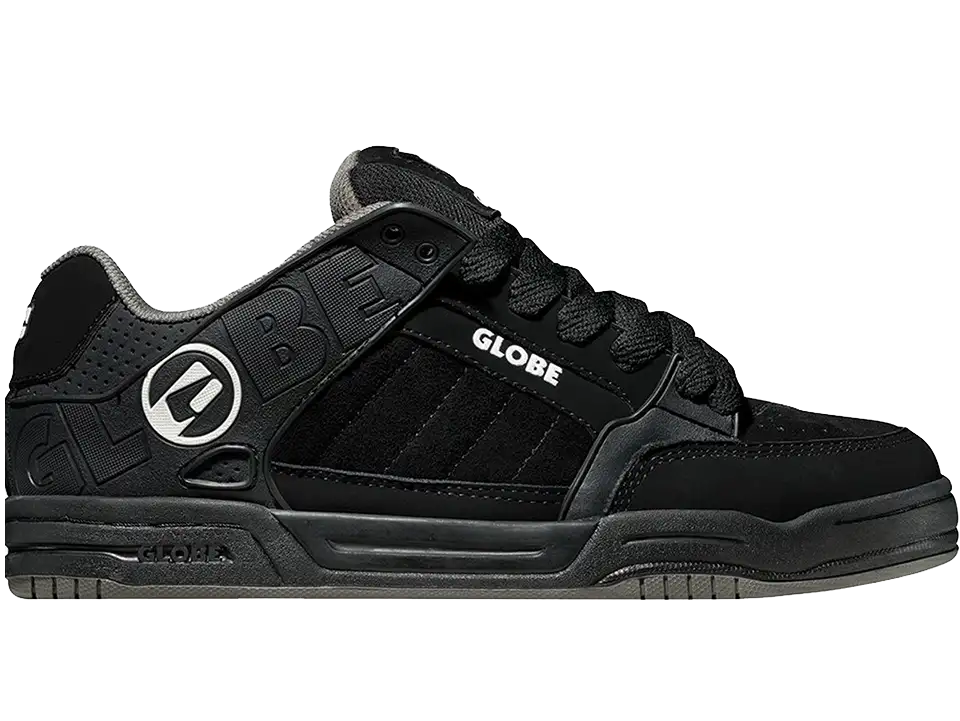 Globe Tilt Black/Black TPR skate shoe with chunky cupsole, padded collar, oversized Globe branding and black suede upper