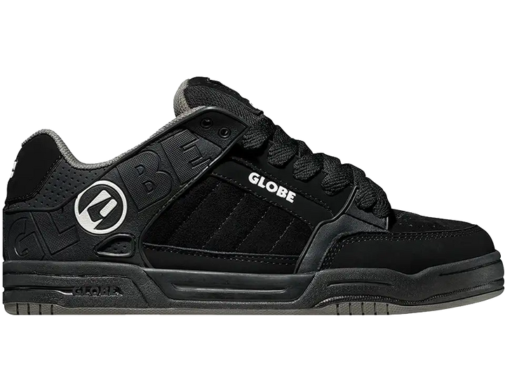 Globe Tilt Black/Black TPR skate shoe with chunky cupsole, padded collar, oversized Globe branding and black suede upper