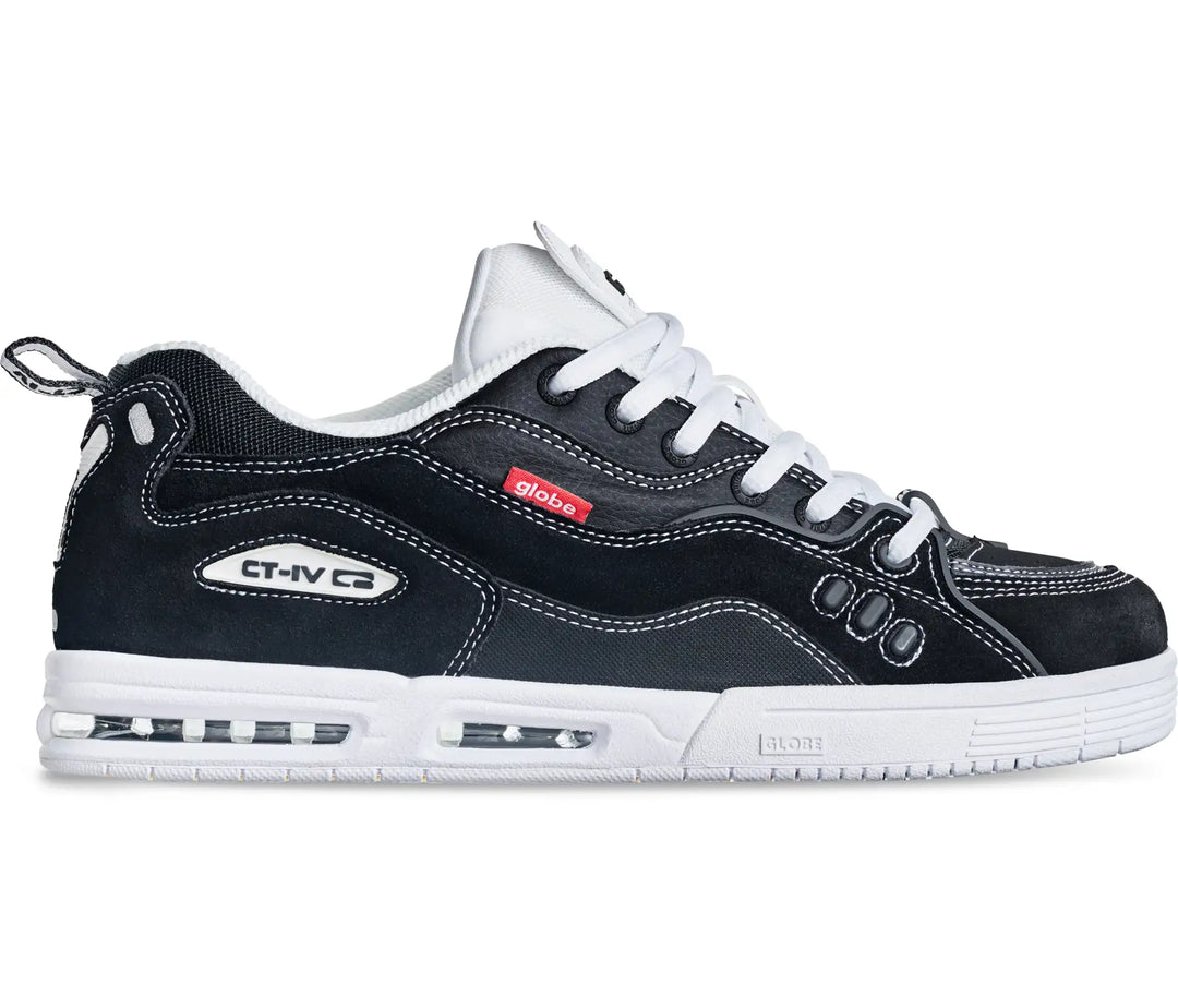 Globe CT-IV skate shoe black white with airbag sole and chunky 90s silhouette