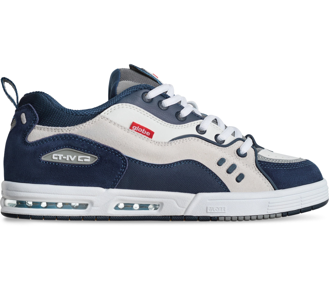 Globe CT-IV Classic white navy skate shoe with Nitrocel airbag and S-Trac sole