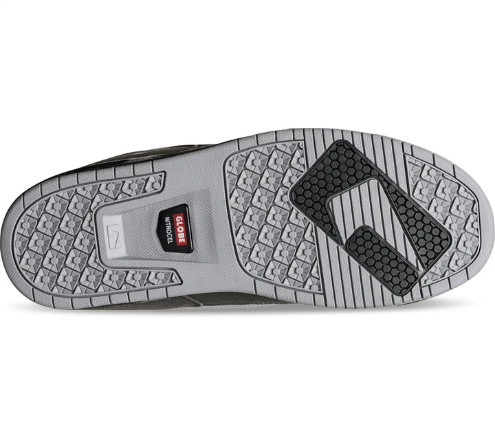 The bottom sole of a shoe, featuring a textured gray and black tread pattern with a visible K-Swiss logo and a small red and black K-Swiss Innovations label.