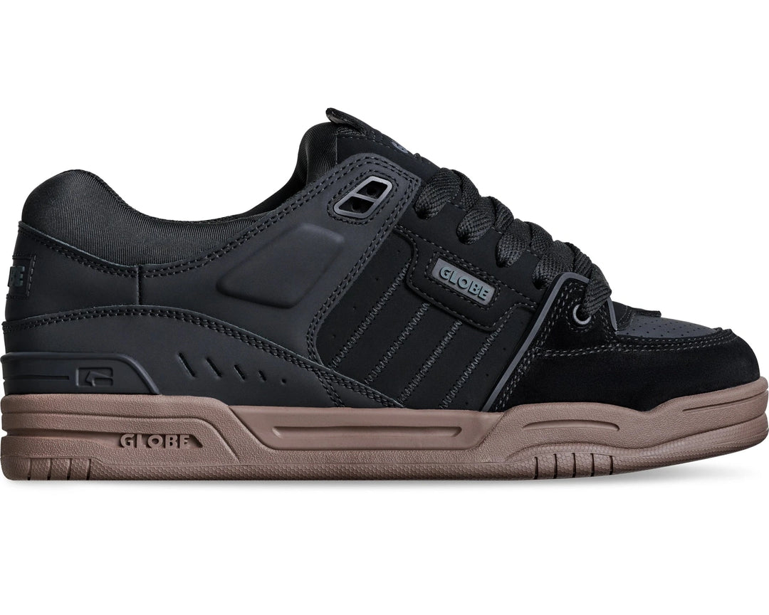 Globe Fusion Black Tobacco Gum skate shoe with padded collar and Strobo cupsole