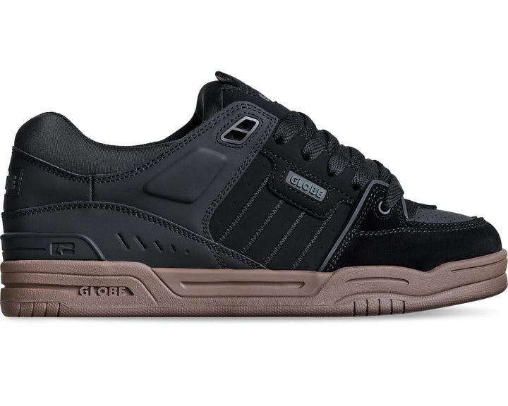Globe Fusion Black Tobacco Gum skate shoe with padded collar and Strobo cupsole