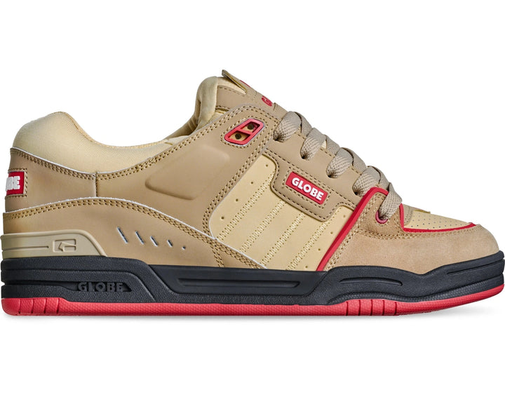 Globe Fusion skate shoe in Khaki Red with padded collar, cupsole and S-Trac outsole