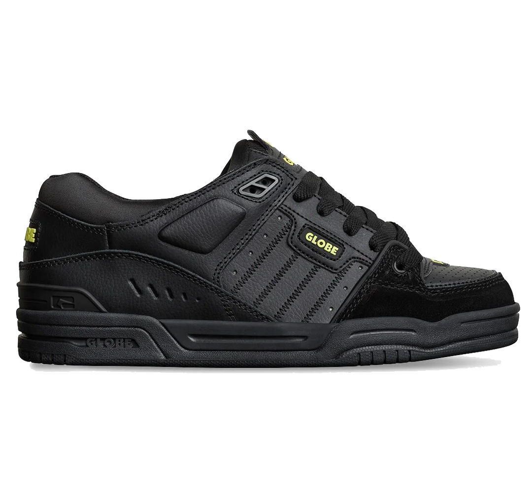 Side view of Globe Fusion skate shoe in Onyx Citrus colorway