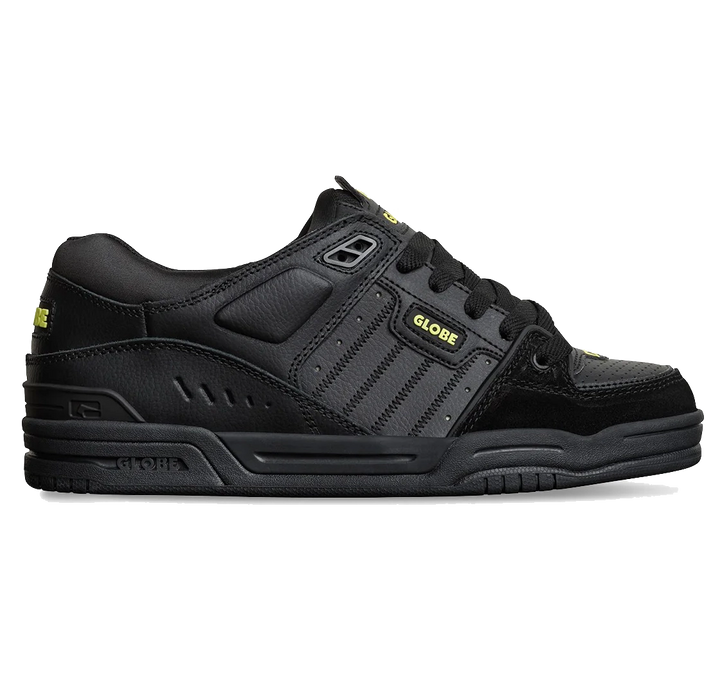 Side view of Globe Fusion skate shoe in Onyx Citrus colorway