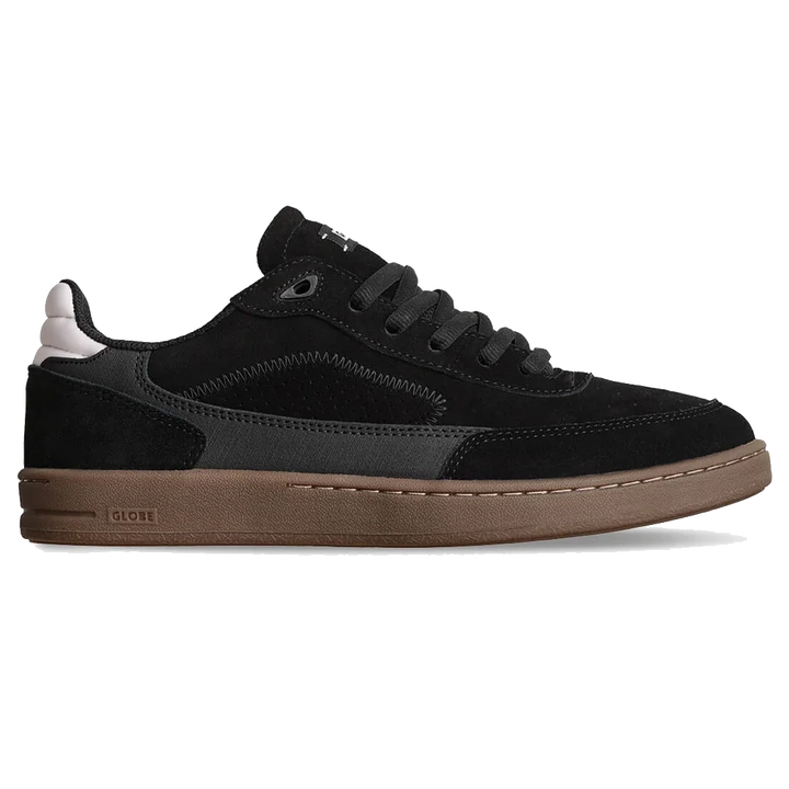 Globe Holand skate shoes in Black/Gum with herringbone tread and neoprene heel.