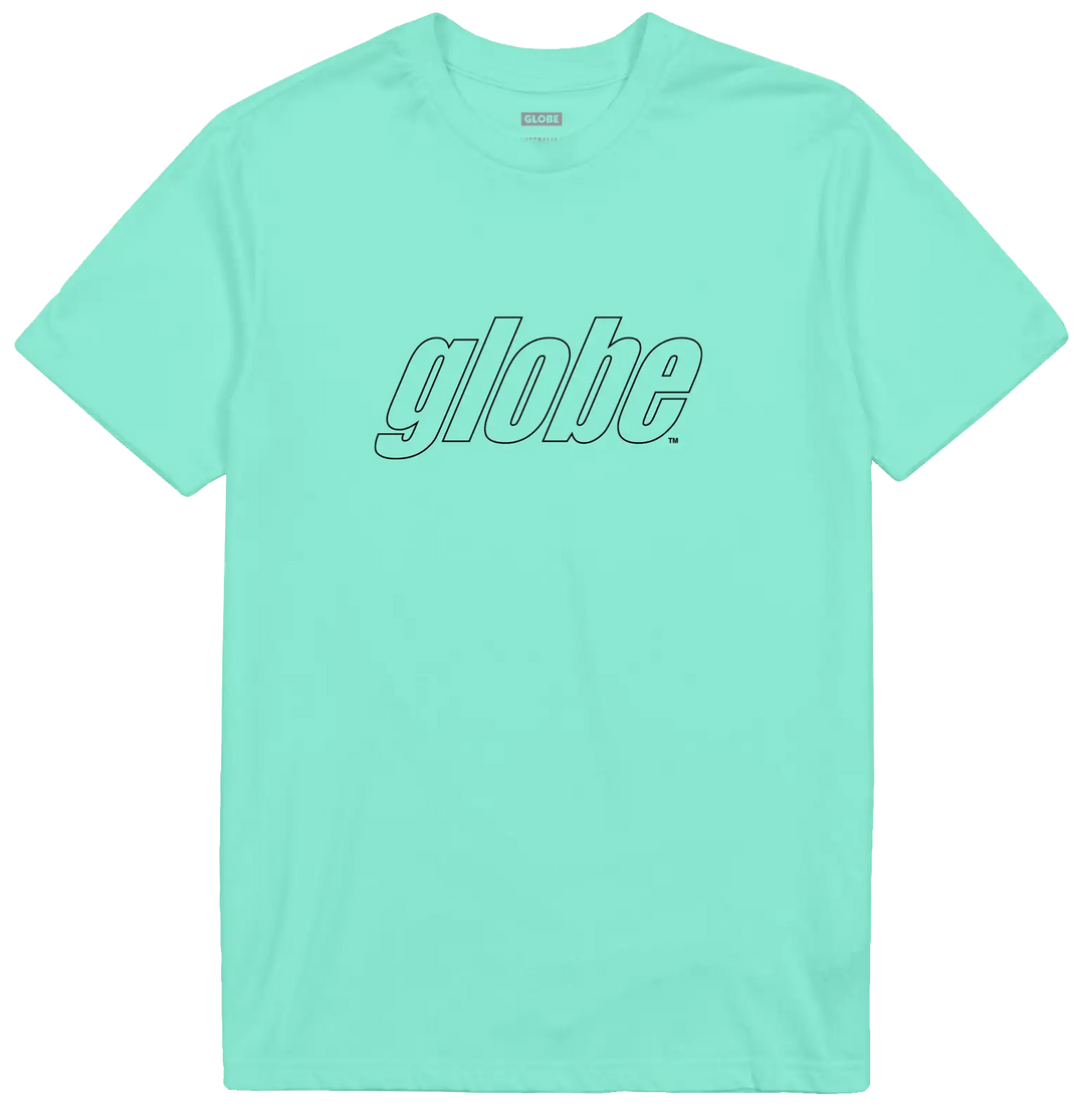 Mint green t-shirt with 'globe' logo on a white background